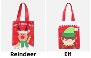 Detail of Christmas felt gift bags featuring reindeer and elf cartoon holiday designs