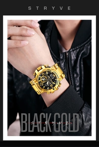 Close-up of golden sports watch with black strap on a male model wearing leather jacket