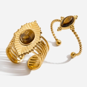 Bague Ouverte en Acier Inoxydable Plaqué Or 18K Oeil de Tigre Ovale Vintage Bohème Bague Réglable pour Femmes Bijoux