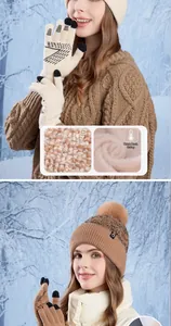 Close-up of windproof knit hat with thick plush lining and touchscreen glove details