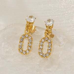 Gold titanium steel earrings with hollow oval pendant and sparkling white zircons