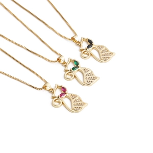 Cute Cat Pendant Necklace Copper Gold Plated With Colorful Zircon Rhinestone Eyes Fashion Jewelry For Women