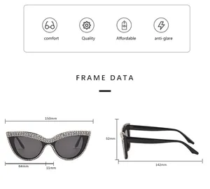 Detailed size chart for retro cat eye sunglasses showing frame dimensions and arm length