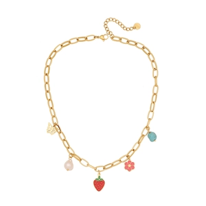 Golden stainless steel necklace featuring colorful strawberry, flower, and butterfly charms