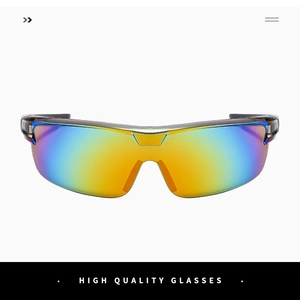 Close-up of polarized sports sunglasses with colorful mirror coating and black frame