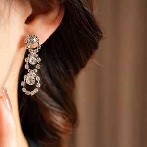 Close-up of a silver tassel earring with sparkling crystals on a model's ear