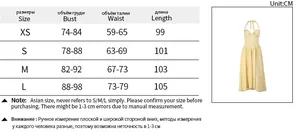 Size chart for halter bow tie A-line dress showing bust, waist, and length in centimeters