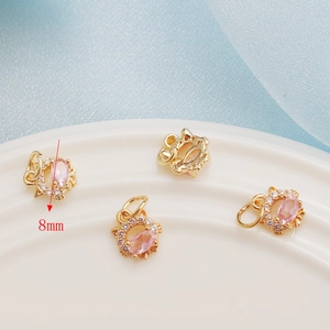 14K gold plated cat pendant with pink oval zircon and clear stones, 8mm jewelry charm
