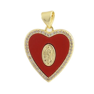 Elegant gold heart pendant with red inlay and relief portrait on white background