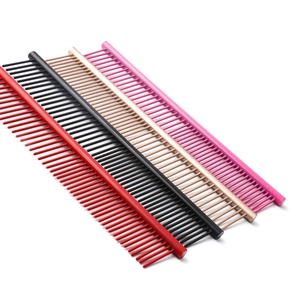 Professional grooming metal combs for dogs and cats in four vibrant colors on white background