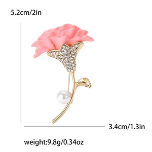 Pink carnation flower brooch in gold finish with pearls and crystals measuring 5.2cm