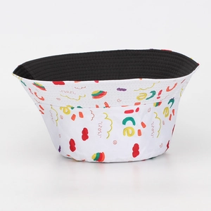 Detail of white bucket hat with colorful graffiti, rainbow patterns and black lining