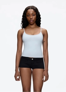 Detail of light blue slim fit tank top with thin straps and scoop neck for women