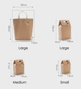 Size chart showing four dimensions of kraft paper gift bags and boxes with height and width