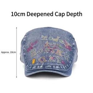 Vintage light blue washed denim newsboy cap with Today Is Boring Day embroidery