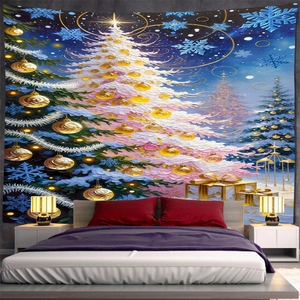 Macro detail of Christmas tapestry showing white tree art and warm bedroom wall decor