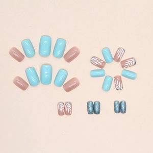Square press-on nails with light blue, pink floral leaf art and blue glitter accents