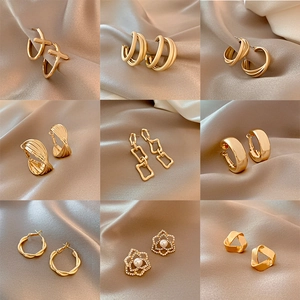 European vintage matte gold geometric earrings with pearl and rhinestone details