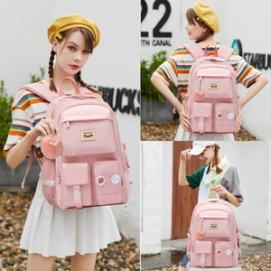 Pink school backpack collage showing front detail, back fit, and side carry handle