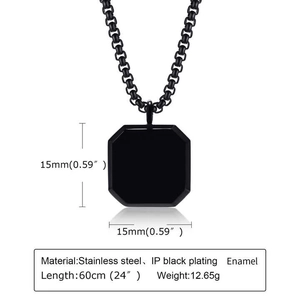 Detailed specs of square stainless steel necklace with black enamel pendant and dimensions