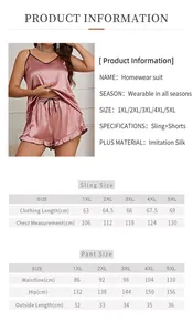 Size chart for plus size satin homewear set with detailed measurements for top and shorts