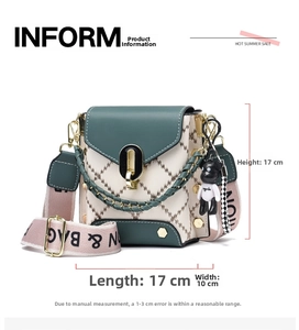 Detail showing dimensions 17x17x10cm of green and white mini bag with plush bear charm