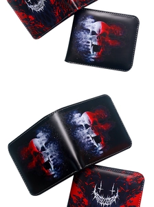 Detailed views of vintage skull print wallet with red and blue design on black PU leather