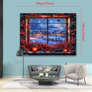 Christmas wall tapestry 200x150cm featuring snowy window view and festive decorations