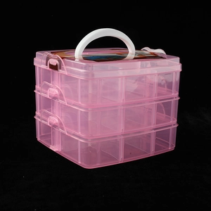3-tier pink transparent storage box with 18 compartments and a white handle for toys