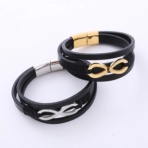 Multilayer black leather bracelet with infinity symbol and metal clasps in gold and silver