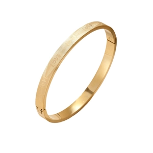 Titanium steel LOVE bangle featuring geometric mesh patterns and a secure clasp closure