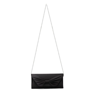 Detail of a black satin butterfly clutch bag featuring a silver metal chain shoulder strap