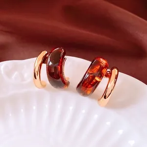 Elegant 18K gold plated C-shape earrings with amber resin geometric vintage texture