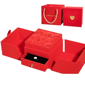 Red 9-rose jewelry gift box with double doors, drawer, and matching shopping bag