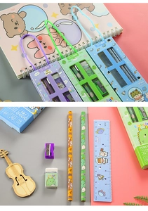Detail of 5-in-1 cartoon stationery set including pencils, ruler, eraser and sharpener