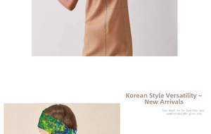 Detail of floral patterned green silk headband paired with a brown faux leather top