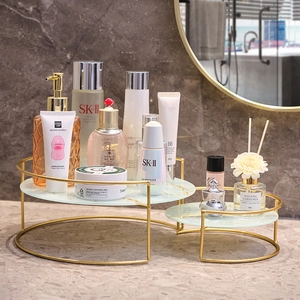 Organizador Encimera De Baño Redondo Textura Mármol Vidrio Estante Hierro Maquillaje Bandeja Lujo Nórdico Moderno Impermeable