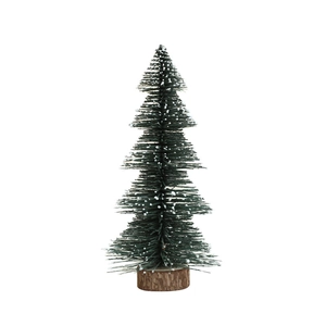 Mini desktop Christmas tree with snow-dusted needles and natural wooden base for decor