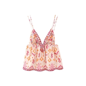 Top Caraco Bohème Femme Col V Imprimé Ethnique Broderie Paillettes Doubles Bretelles Polyester Été Sans Manches