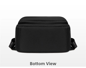 Detailed bottom view of the black Oxford cloth backpack showing neat stitching and material