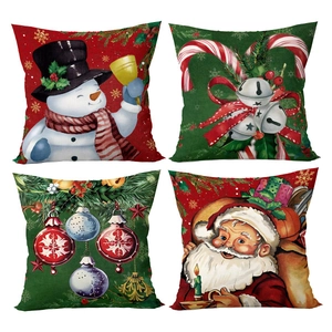 Set of 4 Christmas pillow covers with snowman, Santa, and bells on linen fabric