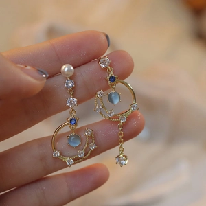 Asymmetric Long Tassel Dangle Earrings Alloy With 925 Sterling Silver Earring Post Artificial Pearl Moon Star Flower Elegant Women