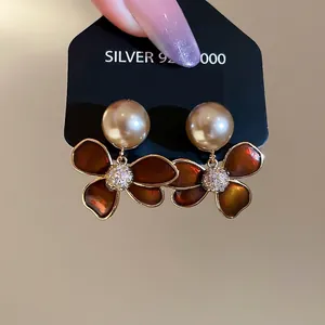 Vintage Flower Artificial Pearl Earrings For Women With 925 Sterling Silver Earring Post Zircon Inlaid Enamel Petals Elegant Jewelry