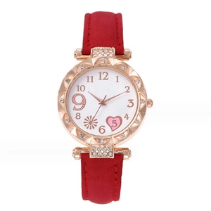 Montre quartz femme à la mode avec bracelet rouge givré et boîtier rond serti de diamants