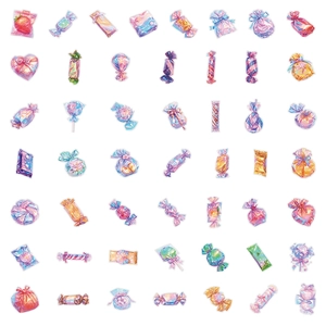 Macro view of 50 watercolor vintage candy stickers with holographic laser finish for DIY