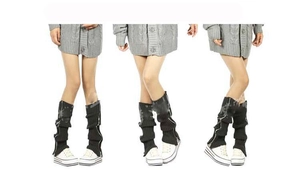 Detail of black ribbed knit leg warmers featuring a side metal zipper and slim fit design