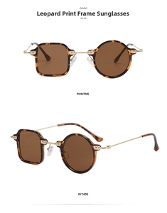 Detail of leopard print square-round frame sunglasses with gold metal temples and tea lenses