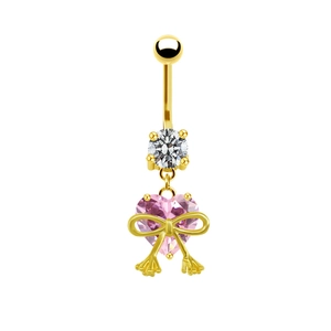 Golden heart navel ring with pink gemstone, bow detail and sparkling round zircon