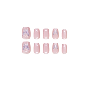 Cat-Eye Kunstnägel Set in Rosa mit lila Schmetterlingen, 10-teilige eckig-ovale Form