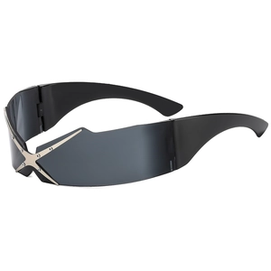 Fashionable black rimless Y2K sunglasses with silver X-shaped metal bridge detail